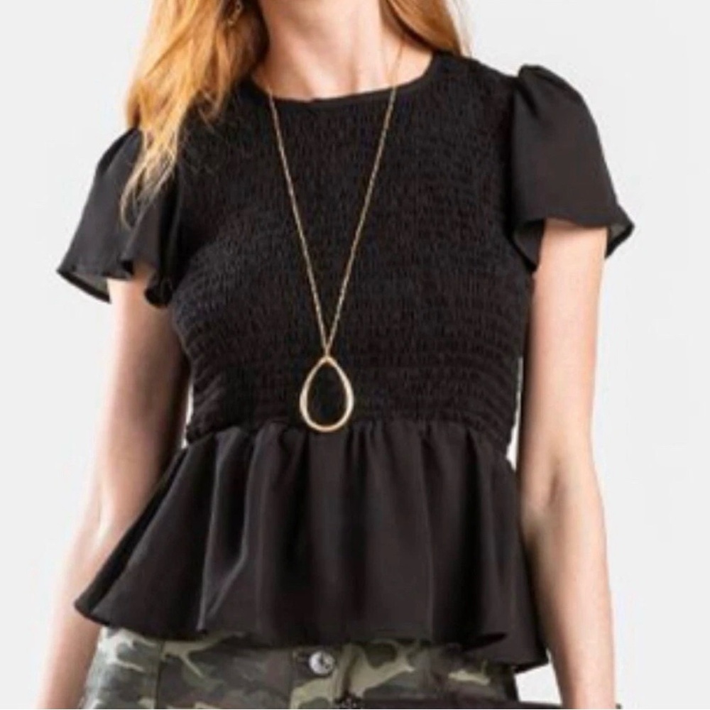Francescas Black Smocked Peplum Top